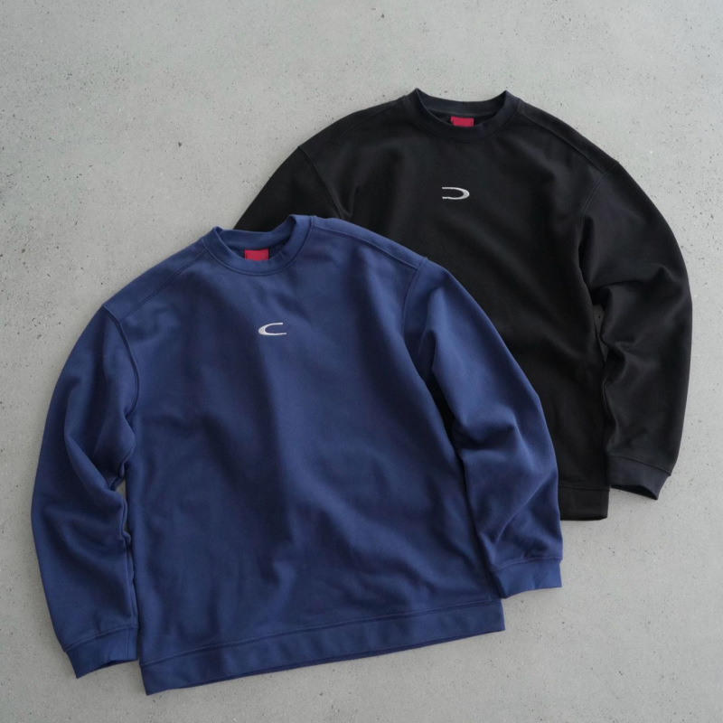 Spot Vintage Retro Round Neck Loose Casual Embroidered Middle-Aged Thin Brushed Sports Pullover Sweatshirt Fleece-Lined