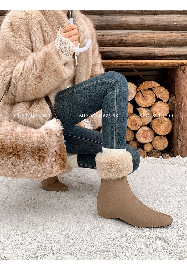 Boot nữ cổ cao lông cừu mũi vuông tăng chiều cao — cà phê nâu, màu xám, quả mơ chi tiết 16