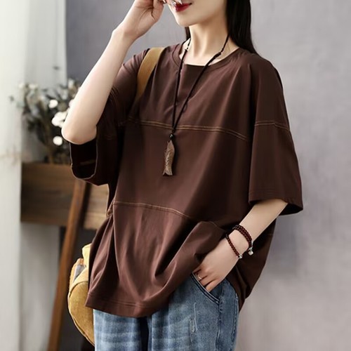 Women's Spring and Summer Striped Collarless T-Shirt Top Loose Casual Retro Slimming Large Size T-Shirt