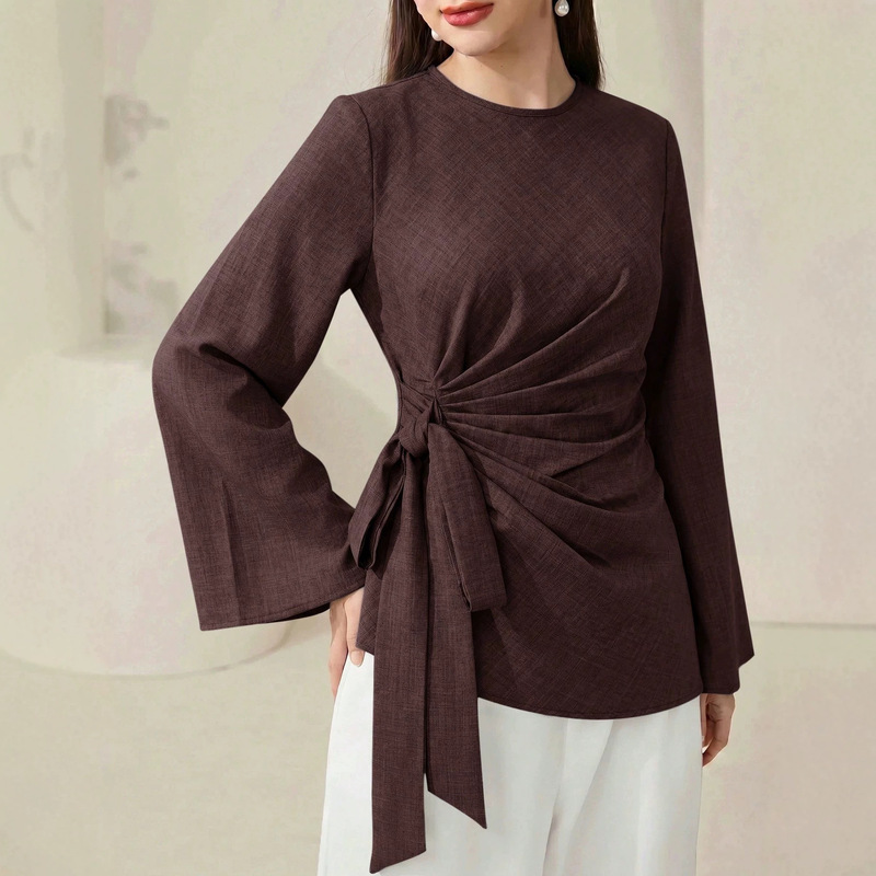 Custom-made, cross-border, European and American style women's solid-color, round-neck, tie-waist, casual, versatile, everyday shirt, long-sleeved t-shirt Custom-made, cross-border, European and American style women's solid-color, round-neck, tie-waist, casual, versatile, everyday shirt, long-sleeved t-shirt