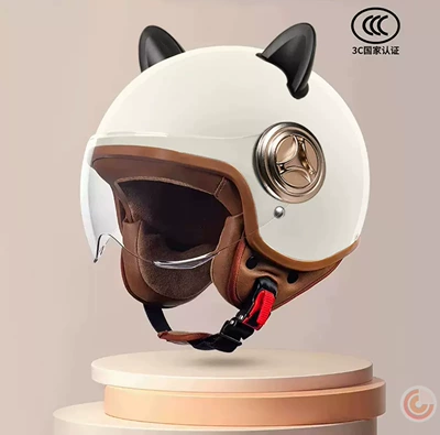 Motosiklet kaskı (dəbilqə) — and Women, Universal for All Seasons - 801-new-national-standard-class-a-3c-certification-haoyue-white-short-mirrors-black-rabbit-ears-free-size