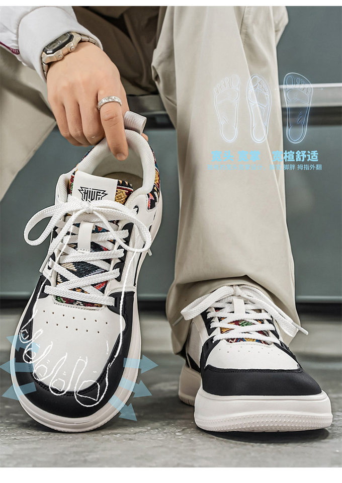 Giày sneaker cổ thấp mũi tròn rộng, đế dày tăng chiều cao, mặt da chống nước, dây buộc — Bạch tửu đỏ 8811, Trắng kaki 8811, Trắng đen 8811 chi tiết 3