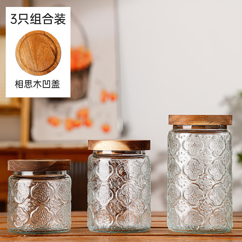 Hogar vintage Begonia flor realzada snack caramelo almacenamiento tarro bambú cubierta americana cocina transparente vidrio sellado frasco