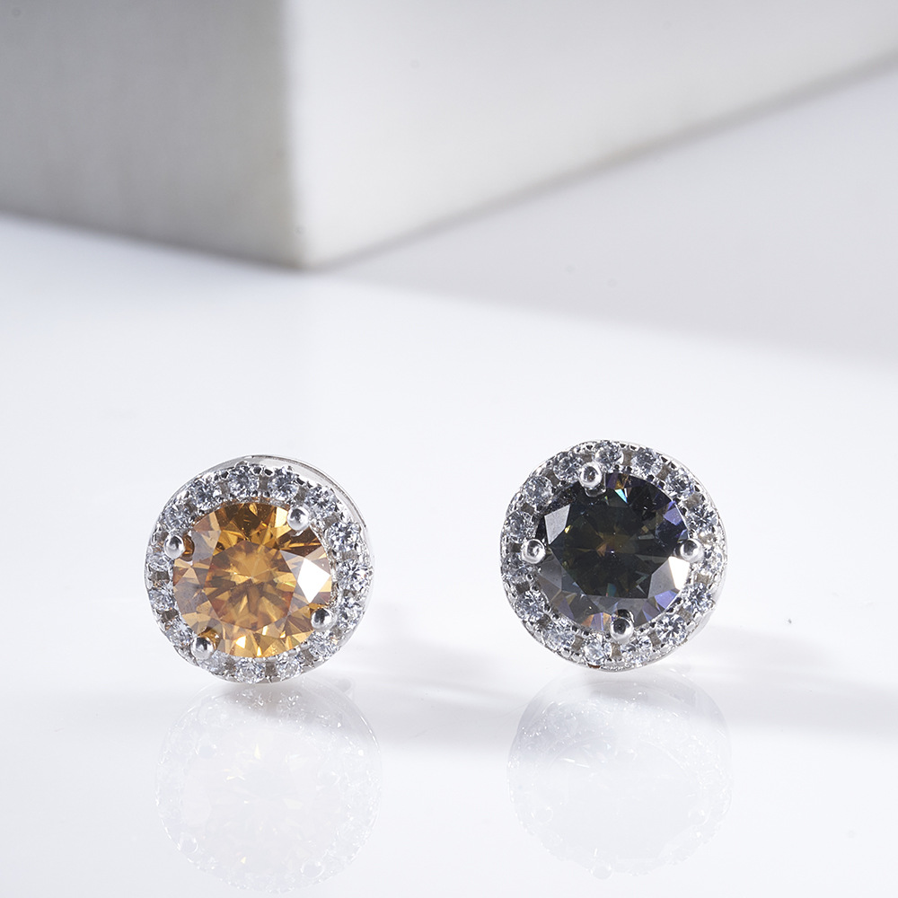 1CTx2 rosa champán gris redondo aretes de piedra de moissanita brillante aretes de piedra de moissanita joyas de plata esterlina