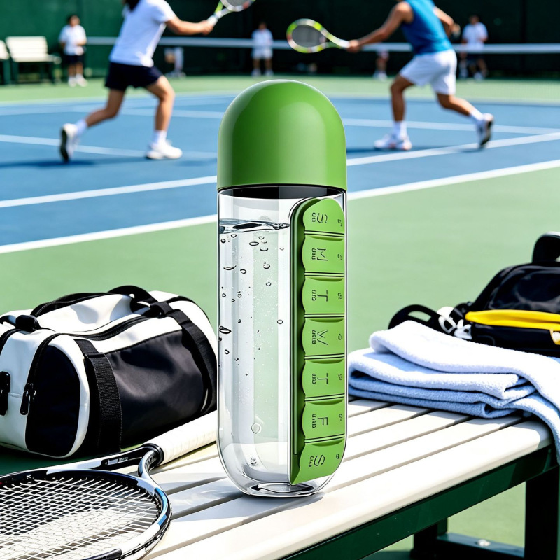 Outdoor jogging water bottle, single-layer transparent plastic, side compartment for pills, portable and leak-proof Outdoor jogging water bottle, single-layer transparent plastic, side compartment for pills, portable and leak-proof