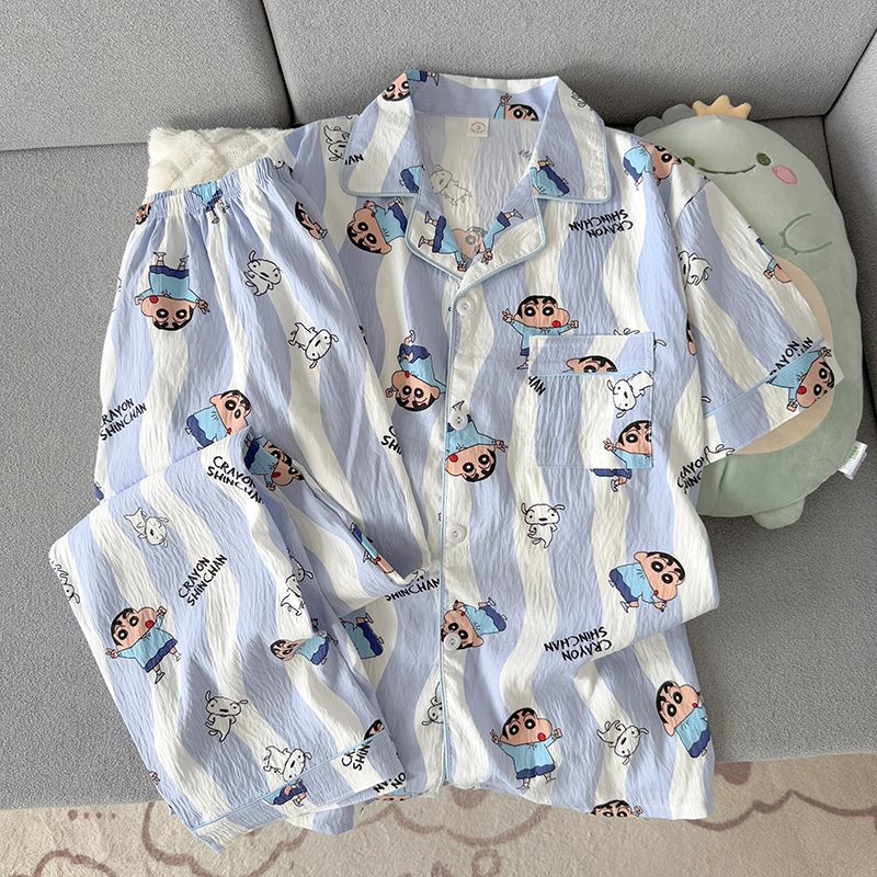 Verano hombre nube algodón corto y largo dos piezas conjunto de pijamas de moda simple con tapa cardigan ropa de hogar se puede usar fuera delgada