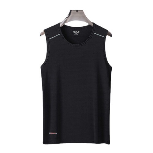 Summer Quick-Drying Breathable Lightweight Sleeveless Sweat- Absorbing Training Fitness Top for Men with Print Elastic Large Size Round Neck Ice Silk Backless Tee
