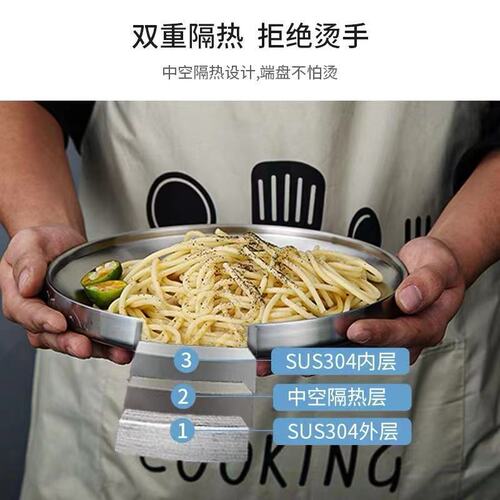 304 stainless steel double-layer dish plate, restaurant round steak plate, Western food plate, thickened anti-scald plate, canteen plate