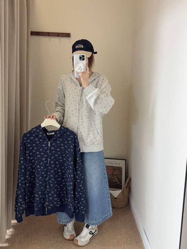 林娜琏同款定制华夫格碎花连帽外套女秋季新款宽松百搭休闲上衣|undefined