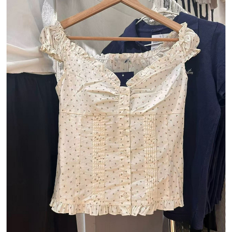 Bm Style Ruffled Red Floral Lace Button Flying Sleeve Short-Sleeved T-Shirt Short Shirt Puff Sleeve Women's Top Summer