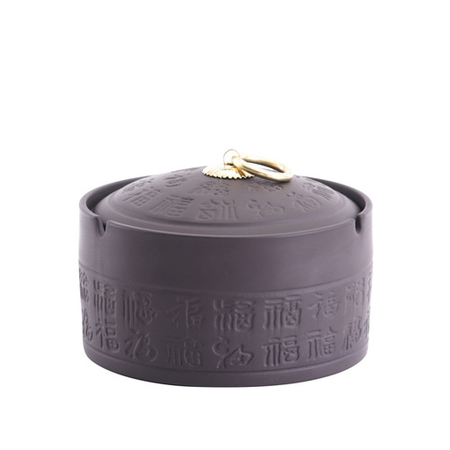 Purple sand ceramic ashtray with lid, windproof ashtray, creative business gift, hotel bar cigarette set decoration