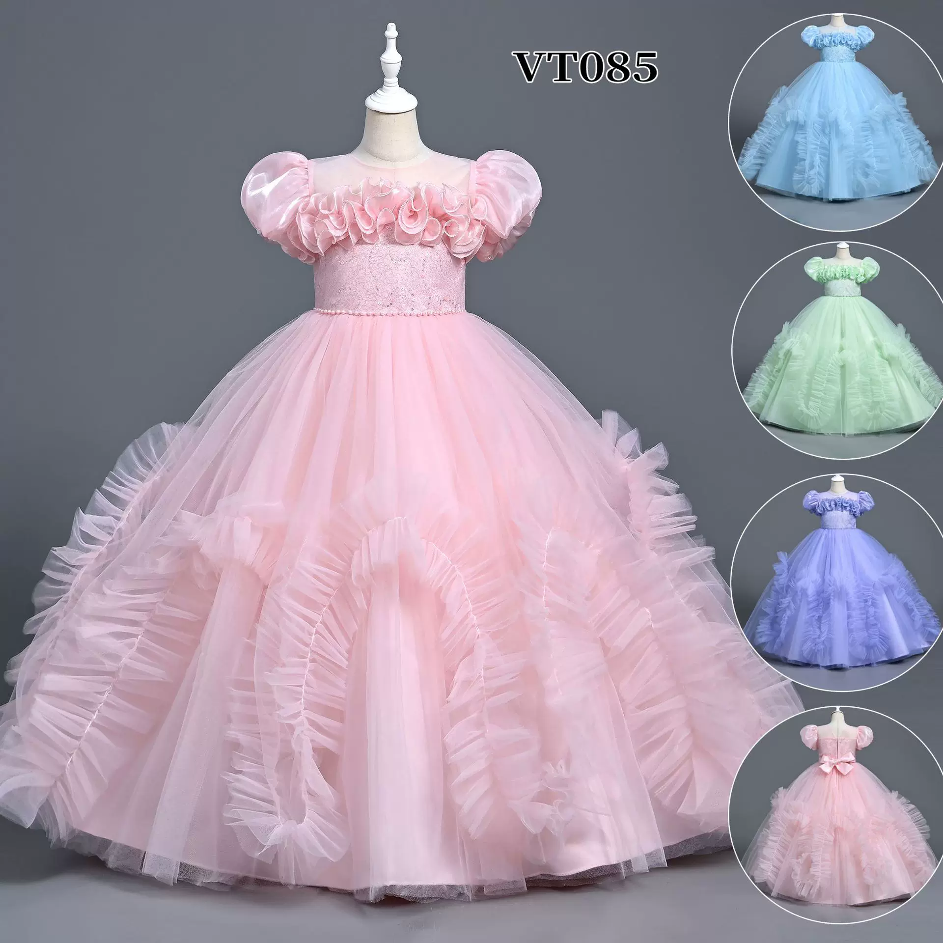 新款秋冬儿童礼服短袖钢琴演出女童公主裙网纱条纹纯色裙子批发