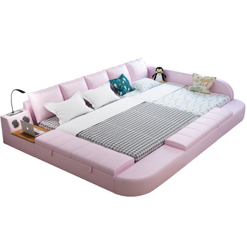 Double-Sided Leather Bed for Master and Baby with Guardrail and Anti-Fall, Modern Minimalist Extended Splicing Children's Mother and Child Bed