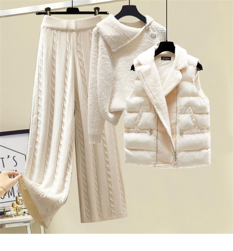 Women's Clothing Autumn and winter three piece suit for women, designer sweater, thickened slim vest coat, high waist, wide leg casual pants_voghion.com