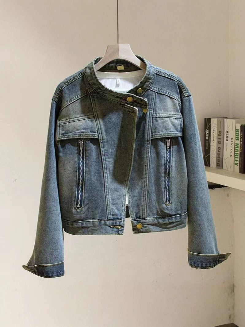 retro design denim autumn fitted short jacket