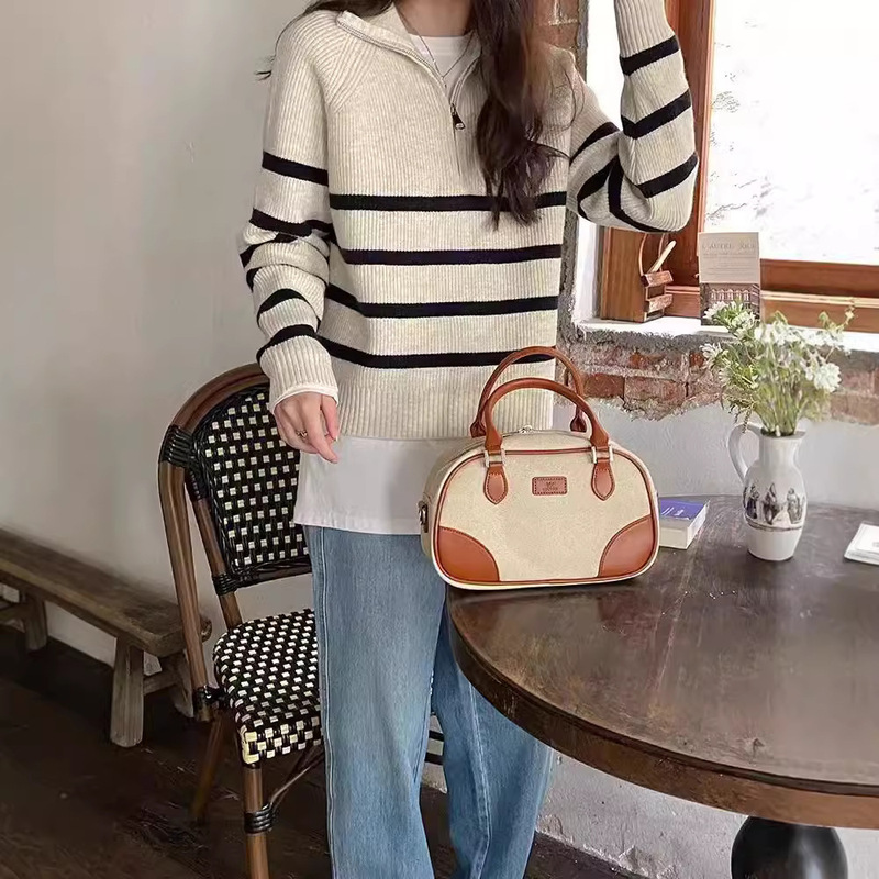 Korean Cross-Border Autumn and Winter Retro Half-Zip Stripesd Lazy Style Knitwear Top High-Neck Pullover Knitwear Women's Jacket Korean Cross-Border Autumn and Winter Retro Half-Zip Stripesd Lazy Style Knitwear Top High-Neck Pullover Knitwear Women's Jacket