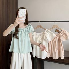 2025蝴蝶结系带宽松露肩短袖衬衫女夏季法式薄荷绿色衬衣遮肉显瘦