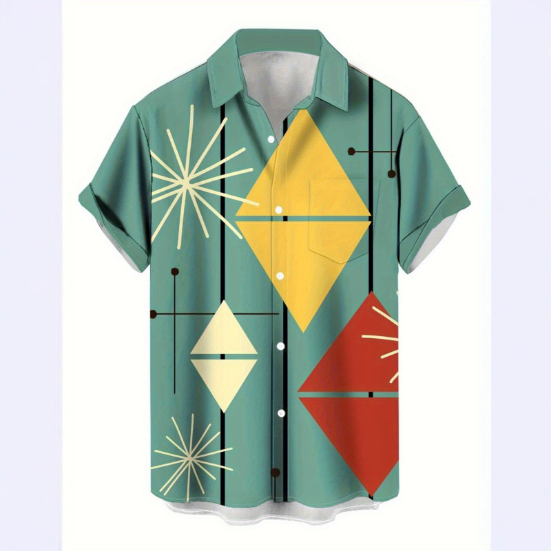 2026 Mint Green Geometric Rhombus Print Men's Short-Sleeved Shirt Retro American Style Loose Lapel Casual 2026 Mint Green Geometric Rhombus Print Men's Short-Sleeved Shirt Retro American Style Loose Lapel Casual