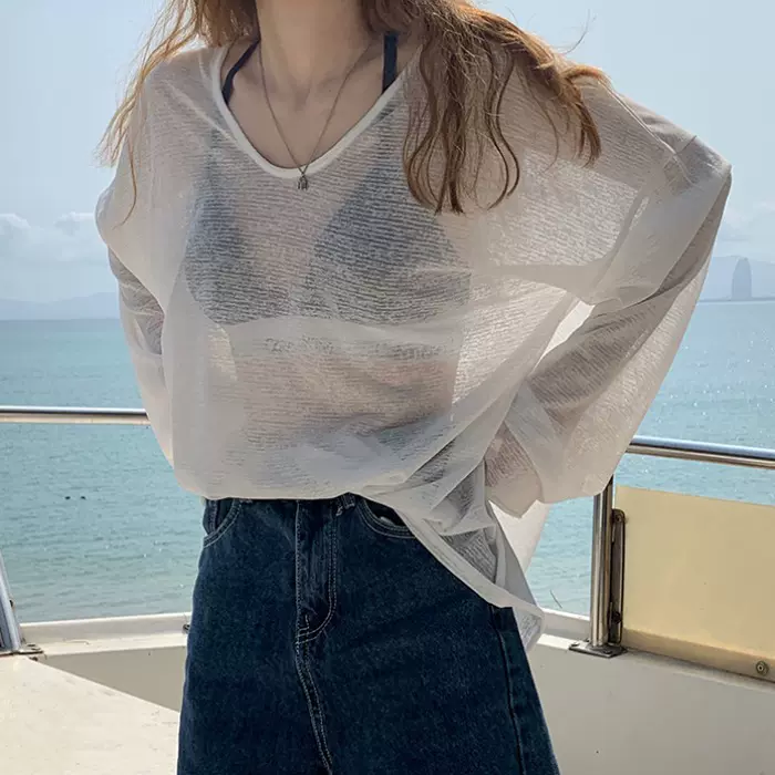 薄款仿冰丝长袖防晒衣女夏透视装外穿打底衫学生上衣T恤女装批发