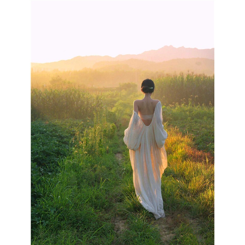 Puff Sleeve High-end Niche dress Backless Loose Beach Long Dress Summer Lazy Style New Chinese Zen Style Linen