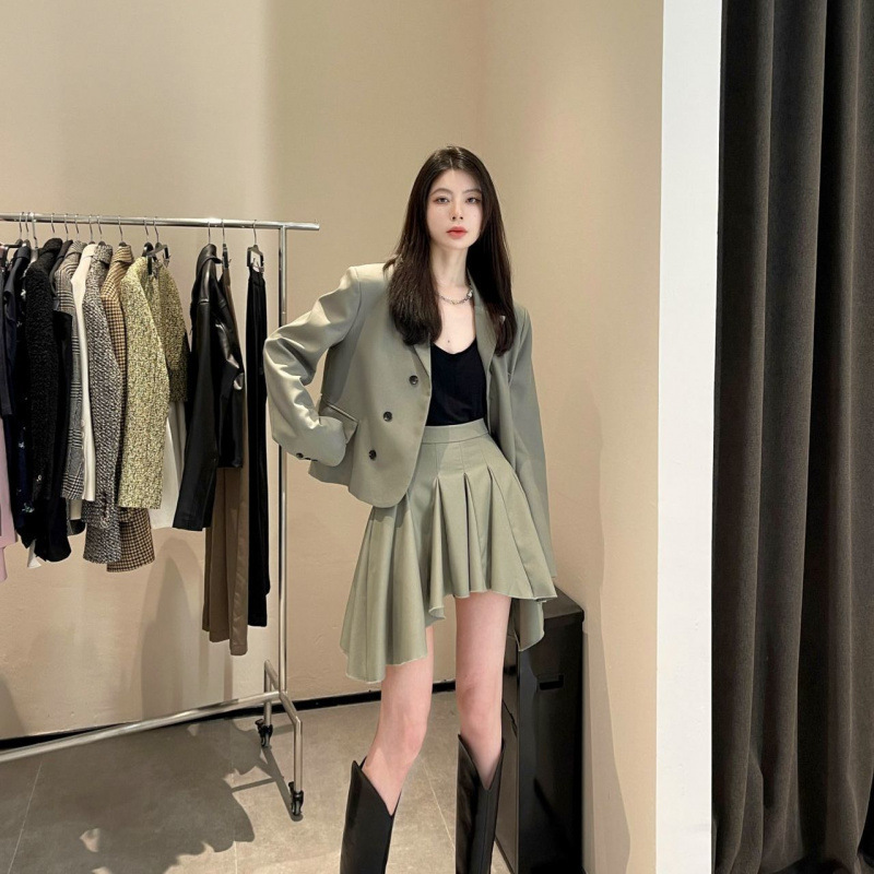 时尚套装女春秋新款设计感小众西装外套不规则半身裙两件套感|undefined