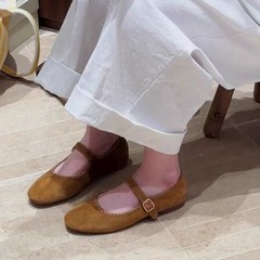羊皮版~法式圆头一字扣带芭蕾舞单鞋浅口简约复古平底玛丽珍鞋女