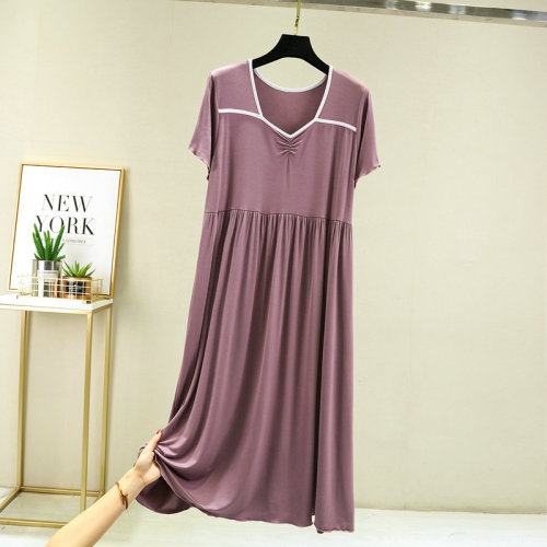 Summer Modal Short-Sleeve Dress Plus Size A-Line V-Neck Medium-Length Pleated Skirt Loose and Slimming Thin Dress