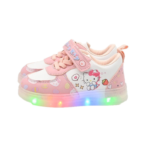 LED Lighted Cartoon KT Cat Slip-On Shoes for Girls and Toddlers Aged 1-3, Soft Sole Learning to Walk Shoes for Spring and Autumn