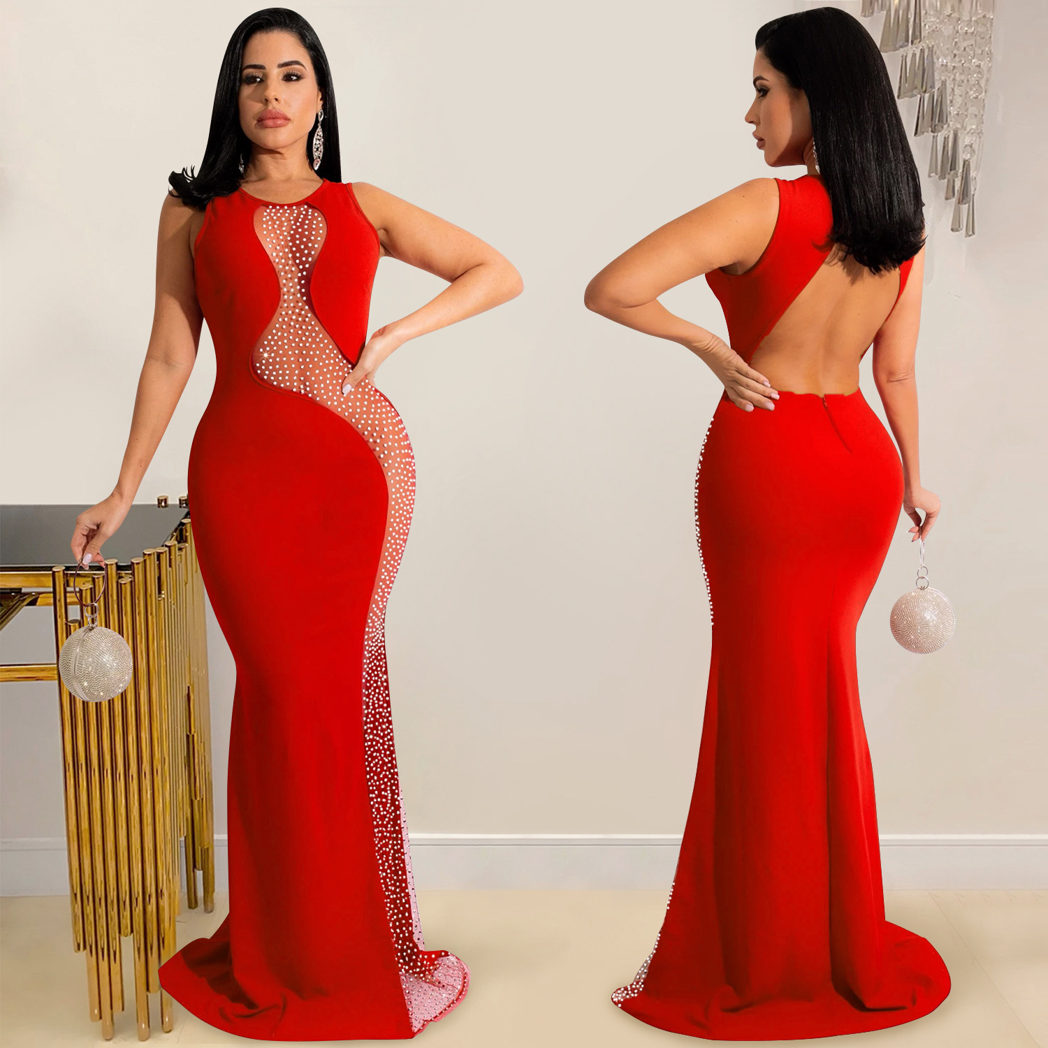 X5580 AliExpress Amazon discoteca estilo sexy rhinestone malla transparente sin mangas backless vestido de las mujeres