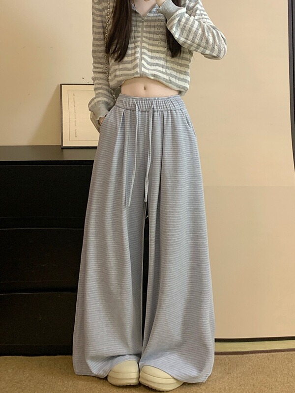 高级感慵懒风撞色条纹气质休闲裤女装秋季宽松百搭阔腿裤拖地裤|undefined