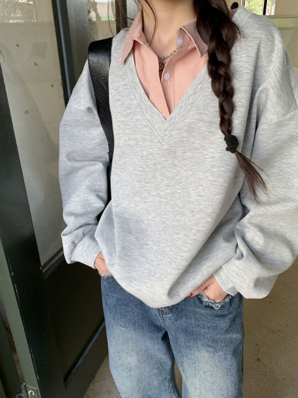 秋冬新款假两件灰色卫衣外套早秋款女装宽松慵懒风polo领上衣批发|undefined