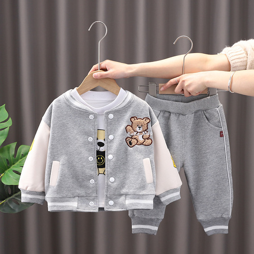 Children's outerwear new spring and autumn stylish cute cartoon bear three-piece set boys' baseball uniform hoodie children's clothing