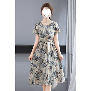 Cotton Silk Dress Short-Sleeved Printed Waist Long Dress Summer Mom Slim Floral Skirt Pocket Nightgown