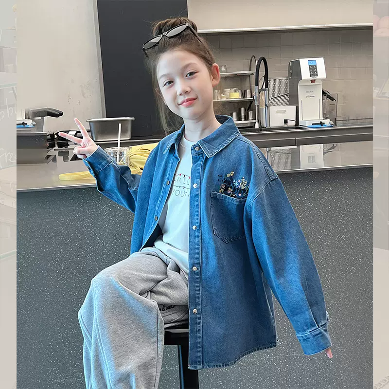 大童刺绣牛仔衬衫儿童洋气长袖衬衣女童上衣女孩2025春秋装新款