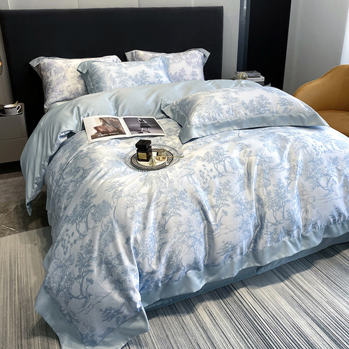 Washed silk four-piece set cool ice silk 60S Nordic style silky summer sleeping naked embroidered quilt cover bedding