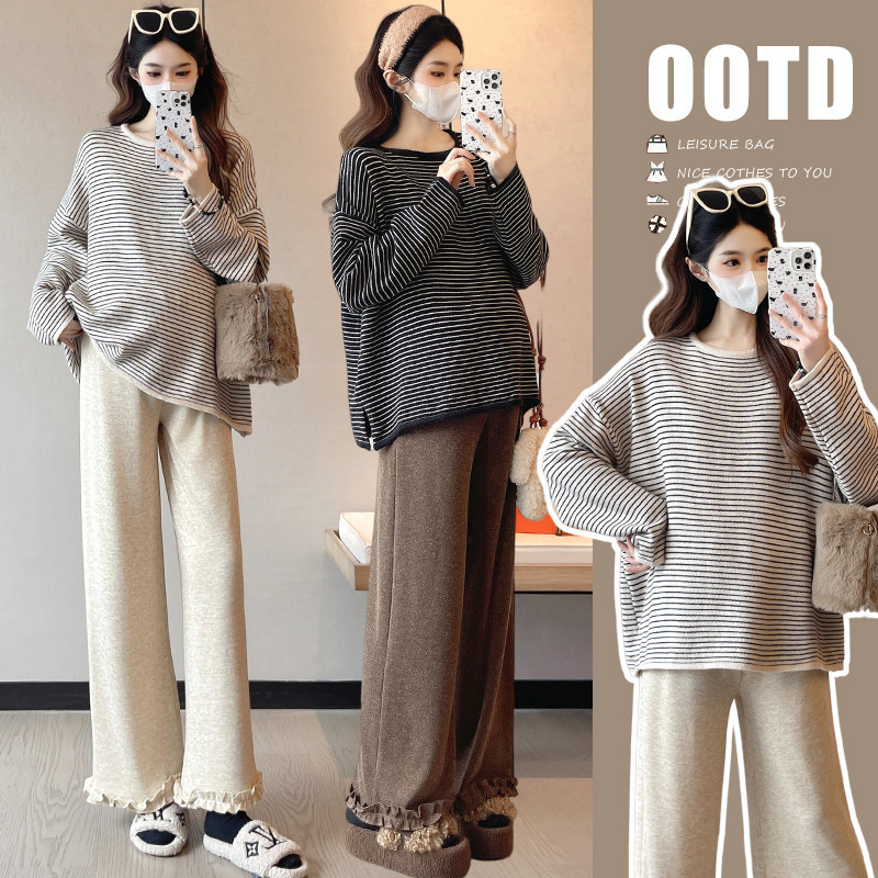 Maternity Wear Autumn and Winter Round Neck Stripesd Sweater Fashionable Casual Loose Slimming Look Versatile Top + Wide Leg Pants Two-Piece Set Maternity Wear Autumn and Winter Round Neck Stripesd Sweater Fashionable Casual Loose Slimming Look Versatile Top + Wide Leg Pants Two-Piece Set