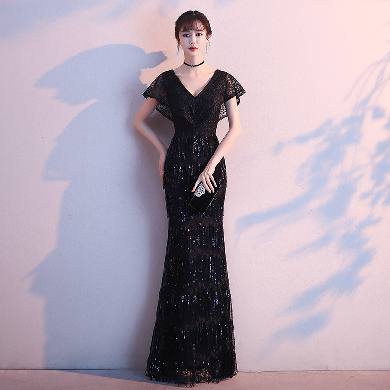 Evening Dress for Women, V-Neck, 2026 New Style, Black Slim-Fit Dress, Socialite Host Banquet Fishtail Dress Wholesale