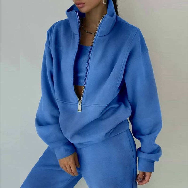 Sports Occasion Standing Collar Neckline Soft, Comfort, Sports Function Women's Sports Solid Color Polyester Zipper Pants Sets