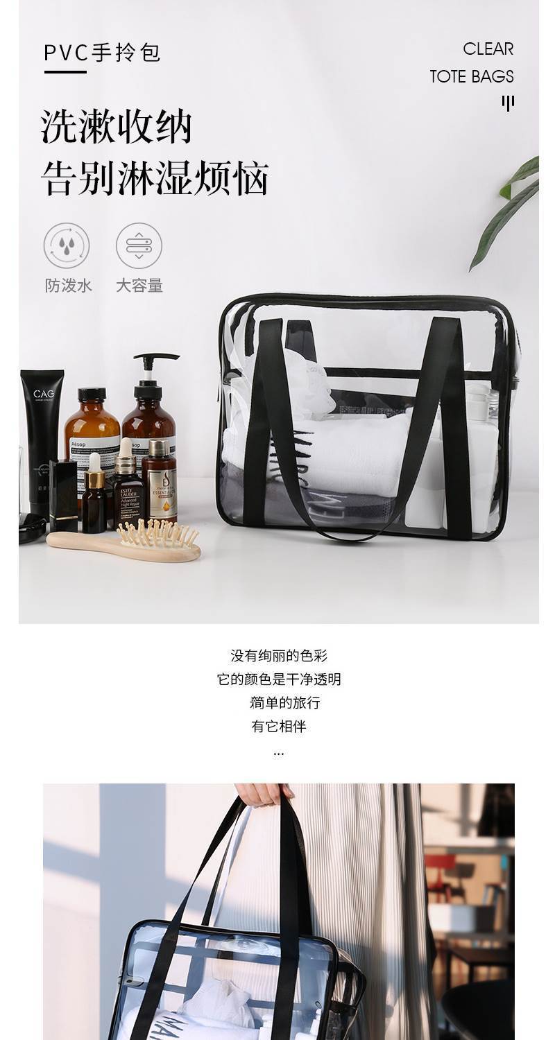 Transparent PVC Tote Bag Large Capacity Waterproof Zippered Jelly Bag Foldable Storage Handbag overview