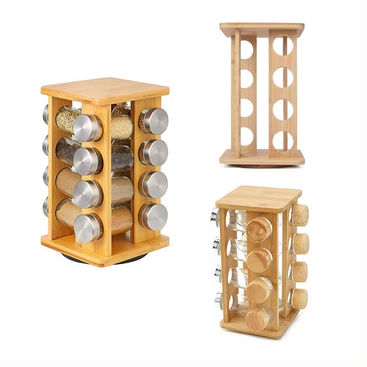 Estante de almacenamiento de condimentos giratorio de 360 grados estante de especias de bambú cocina estante de madera europeo giratorio