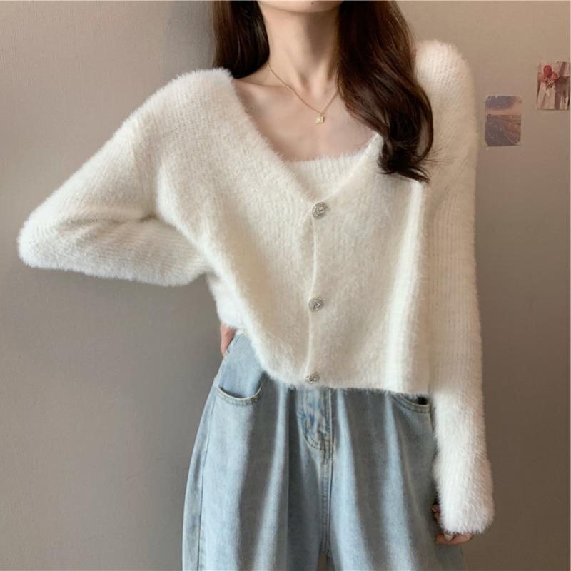 Women's sweater 2024 New Korean style versatile solid color loose lazy outer wear long sleeve knitted cardigan short top