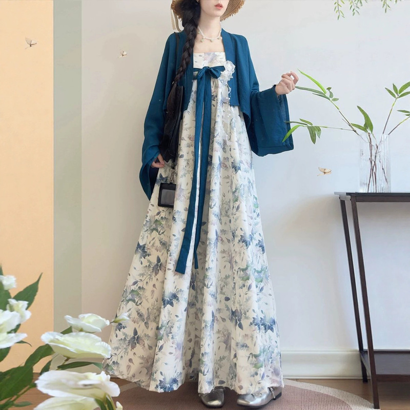 Modernized Hanfu Style Floral Print Camisole with Han Elements, New Chinese Style Blue Floral Dress for Everyday Wear