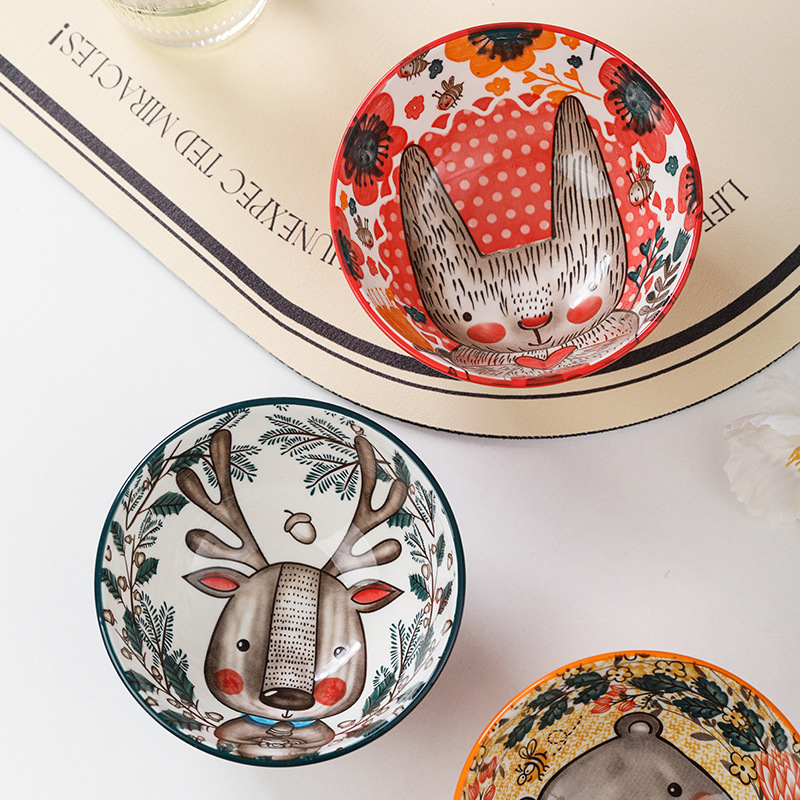 Tazón de Cerámica con Diseño de Animales del Bosque, 4.75 Pulgadas, con Patrón de Piedra, Lindo Tazón para Arroz, Vajilla para el Hogar, Tazón Pequeño, Adorable Conejo de Orejas Largas.