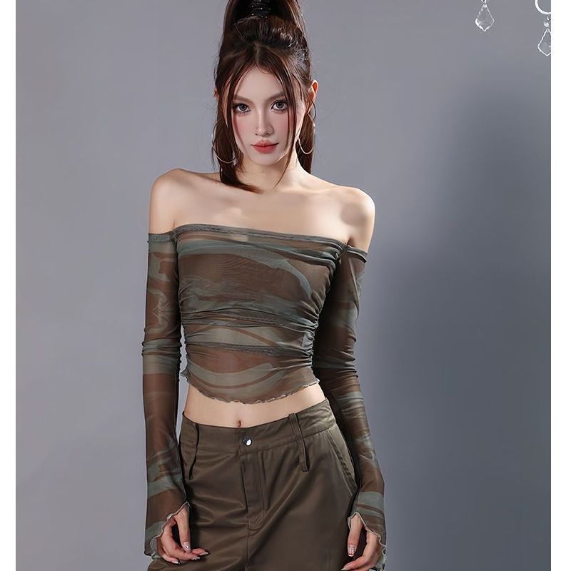 2025 New Korean Style Summer Spice Girl Style Mesh Inner Off-Shoulder Top Slim-Fit Halo Tube Top Loose Outer Shirt