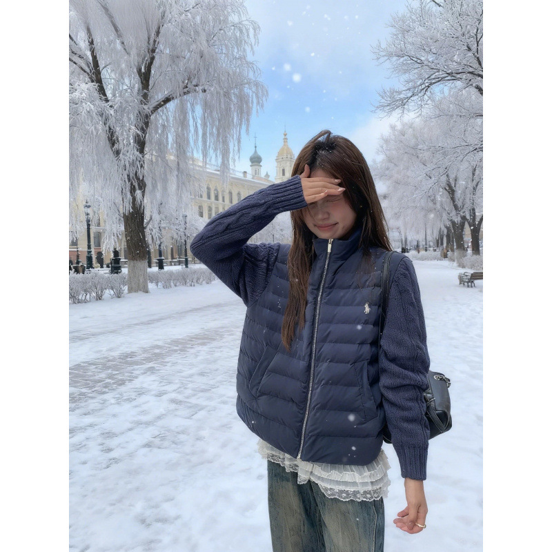 High Version Rl Raff Sleeve down Jacket Classic Pony Embroidered Sleeve Splicing Knitted Duck down Versatile Jacket for Women