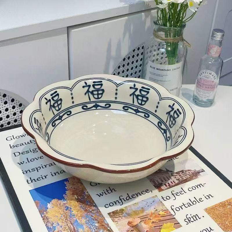 福气满满花型汤碗新中式吃饭花边碗汤碗釉下彩陶瓷餐具家用实用碗