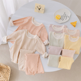 Ins Plaid Children's Home Clothes Underwear suit Boys and Girls Baby Underwear Children's Autumn Clothes and Pants suit