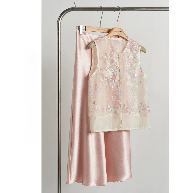 新中式轻国风薄纱亮片绣花坎肩马甲背心醋酸半裙套装女装夏季穿搭