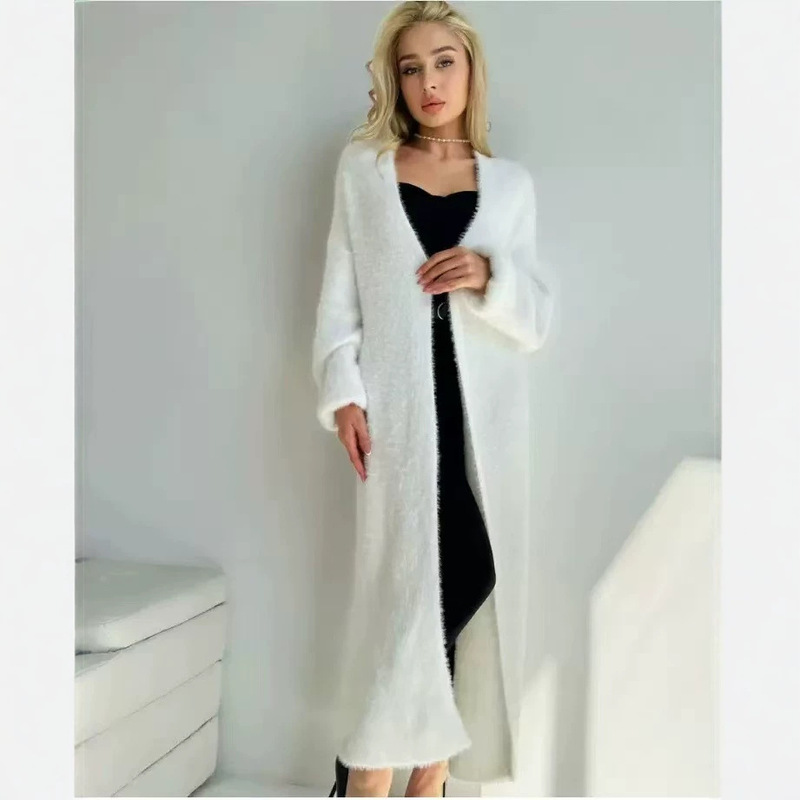 Cross-border faux mink fur white cardigan for women, autumn and winter long solid color knit sweater, loose and casual style coat Cross-border faux mink fur white cardigan for women, autumn and winter long solid color knit sweater, loose and casual style coat