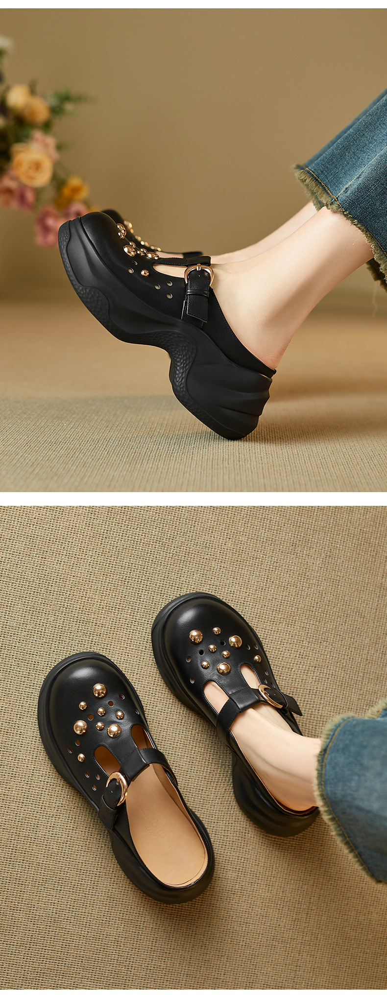 Dép sandal nữ quai chữ V đế dày bít mũi phong cách trẻ trung — đen chi tiết 5